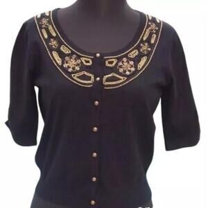 Cache Embellished Sequin Bead Silk Blend Stretch Knit Top New Sweater $98 NWT